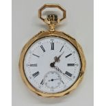 An open face crown wind pocket watch, the white enamel dial having hourly Roman numerals with minute