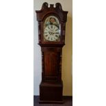 An oak and mahogany long cased moon phase clock, approx. height 220cm. IMPORTANT: Online viewing and