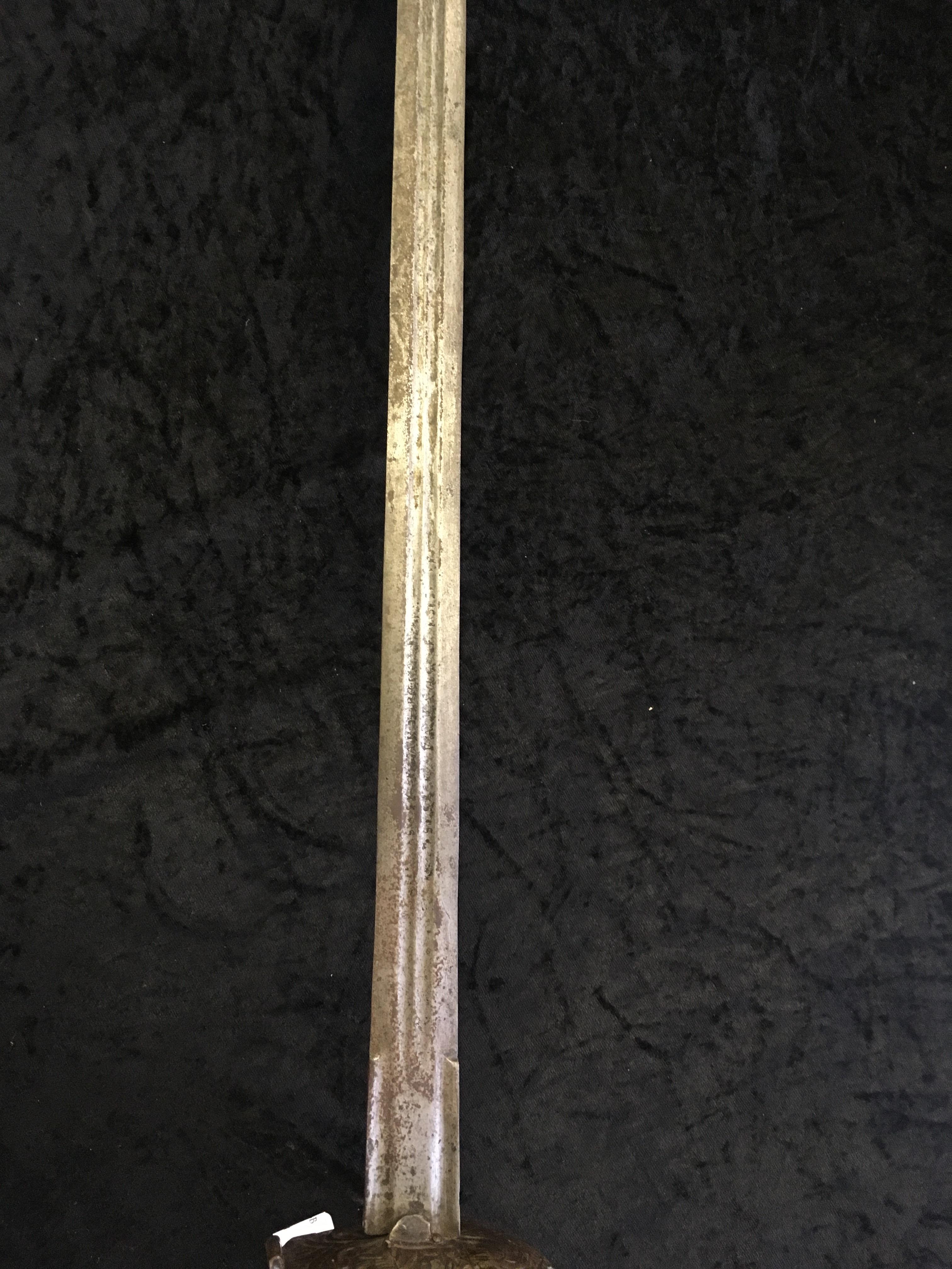 English mortuary hilted sword, double edged blade with two long fuellers marked Andrea Farrara and - Image 3 of 4
