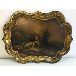19th century papier mache tray painted with fort and bridge over river in countryside scene and gold