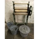 A green painted MP mangle with lidded bin, two buckets and four wash dollies. IMPORTANT: Online