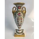 *Sevres style hand painted Grecian urn with blue and gold painted detail including two swan form