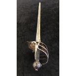 English basket hilted mortuary sword, straight spear point back sword blade with double narrow