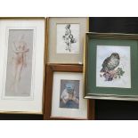 Four framed pictures, including two portraits by ‘Courtney’, Thimoth Wheeler ‘On a Special Day’