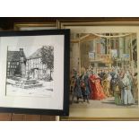 Five framed paintings and drawings, interior and exterior domestic scenes with a copy of a detail