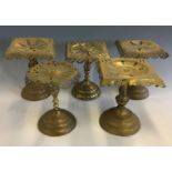 Five various brass fireside trivet stands. IMPORTANT: Online viewing and bidding only. Collection by