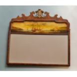 Regency style walnut framed overmantle mirror with hand painted galleon scene with gilded fleur-de-