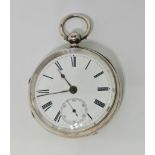 A Victorian silver key wind open face pocket watch, the white enamel dial having hourly Roman