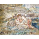 Wool tapestry c.1690 depicting cavalier and lady sitting on the bank of a stream, from Rokeby Park