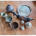 A selection of studio pottery to include set of three birds, retro Italian sausage dog money box,