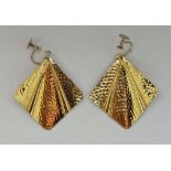 A pair of fan design drop earrings, findings stamped 9ct, weight approx. 4.8g. IMPORTANT: Online