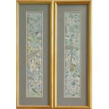 Two framed silk embroidered kimono sleeve panels, two females playing instruments in landscape,