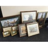 18 framed pictures, including oil and watercolour, landscape, still life, Venetian scene, etc.