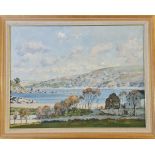 DONALD GREIG (1916-2009). Framed, signed, oil on canvas, view of bay with cliffs to background, 49cm