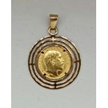 An Edward VII 1902 half sovereign, mounted in open metalwork pendant mount, stamped 9ct, total lot
