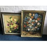 PAUL MARSHALL. Two framed pictures, oil on canvas and embroidery, floral still life, 76cm x 66cm and