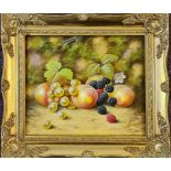 J.F. Smith (Royal Worcester artist). Framed, signed, oil on board, still life with peaches,