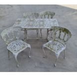 A Cast Furniture Ltd white painted garden table and four chairs. IMPORTANT: Online viewing and