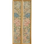 A pair of framed Chinese silk embroidered beige kimono sleeve panels, bird and floral design with