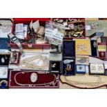 A collection of costume jewellery to include a yellow metal framed cameo brooch, RAF brooches, a