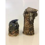 BLANDINE ANDERSON. Two studio pottery sculptures, blue lobsters on nets, both signed with