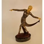 An Art Deco style figurine female dancing, on marble base, signed to back Lorenzl, height 37cm,
