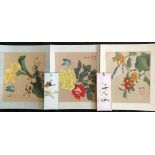 Three Japanese watercolours on silks, stamped and signed with character marks, with two feather