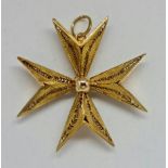 A filigree Maltese cross pendant, jump ring stamped c18, measures approx. 4x4cm, weight approx. 10g.