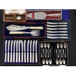 A collection of various boxed hallmarked silver flatware, to include an ivory handled fish slice