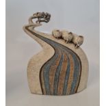 BLANDINE ANDERSON. Large studio pottery sculpture, three sheep on windswept hill stamped with