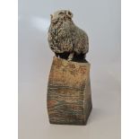 BLANDINE ANDERSON. Large studio pottery sculpture, ram on plinth decorated with water and leaves,