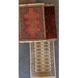 Beige runner, 211cm x 66cm, with two red and pink rugs. IMPORTANT: Online viewing and bidding