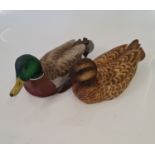 Two wood arts and craft carved hand painted Mallard duck with glass eyes. IMPORTANT: Online