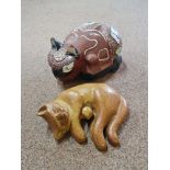 A Gil Tragunna, North Tawton Pottery cat sculpture with aboriginal design wood painted cat.
