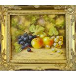 J.F. SMITH (Royal Worcester artist). Framed, signed, oil on board, still life with apples and