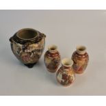 Three small satsuma vases with warrior and musicians designs, together with a Japanese vase with