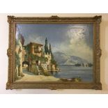 FORLANI. Framed, signed, oil on canvas, Italian scene houses by lake, (including frame) 75cm x 94cm.