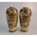 A pair of Japanese fine detail satsuma vases, with red-crowned cranes in rural landscape to body,