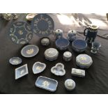 20 pieces of Wedgwood blue and white jasper ware to include plates ‘Mother 1973’, tankard, trinket