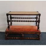 Two rectangular stools, one with rattan top and barley twist supports, together with two three leg