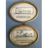 Two oval framed embroidered pictures, one steam train captioned ‘The Present Time’, one horse driven