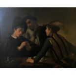 After Michelangelo Merisi de Caravaggio. Framed, titled ‘The Cardsharps’, oil on canvas, three men