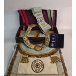 Royal Order of the Buffalos regalia including sash, heavy chain collar, cuffs, apron, medals, all in