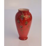 Thomas Webb & Sons Jules Barbe cranberry glass vase with gilt leaf and berry detail, height 18cm.