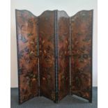 A Victorian four panelled leather dressing screen with hand painted birds of paradise and flower