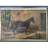 Framed, indistinctly signed and dated 1897, oil on board, horse by stable, 30.5cm x 45.5cm.