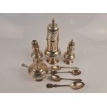 A collection of hallmarked silverware, to include a sugar caster, salt and pepper shakers, mustard