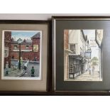 Five framed pictures, one watercolour on paper by Glyn Martin titled 'The Ships Inn, Martins Lane,