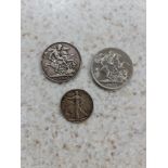 1951 five shillings together with an 1896 crown and 1941 half dollar walking liberty.