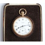 A 9ct yellow gold J.W.Benson pocket watch, the white enamel dial having hourly Roman numerals with